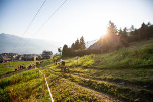 Mountain bikes going downhill