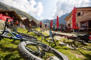 Parked mountain bikes